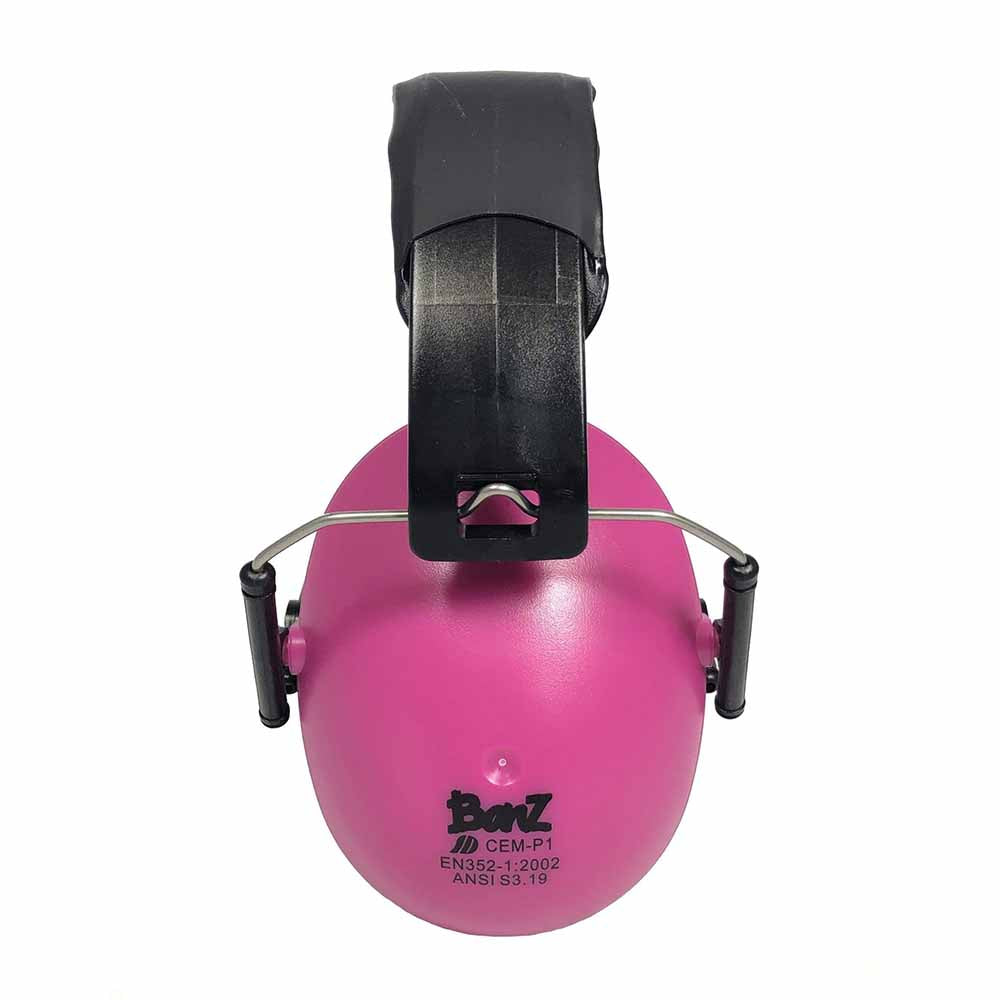 Kids earmuffs, which look like a pair of headphones to block dangerous sound levels and protect kid's hearing. Black and Azalea, which is a hot pink colour.