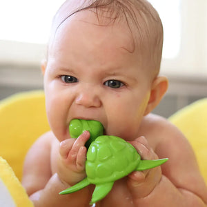 Baby in bathtub chewing on green rubber sea turtle toy.
