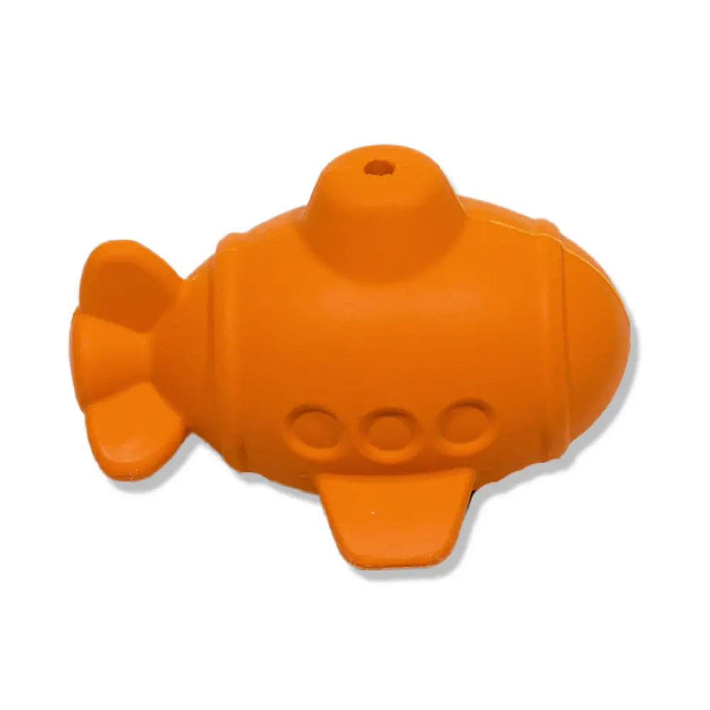 Orange rubber submarine bath toy.