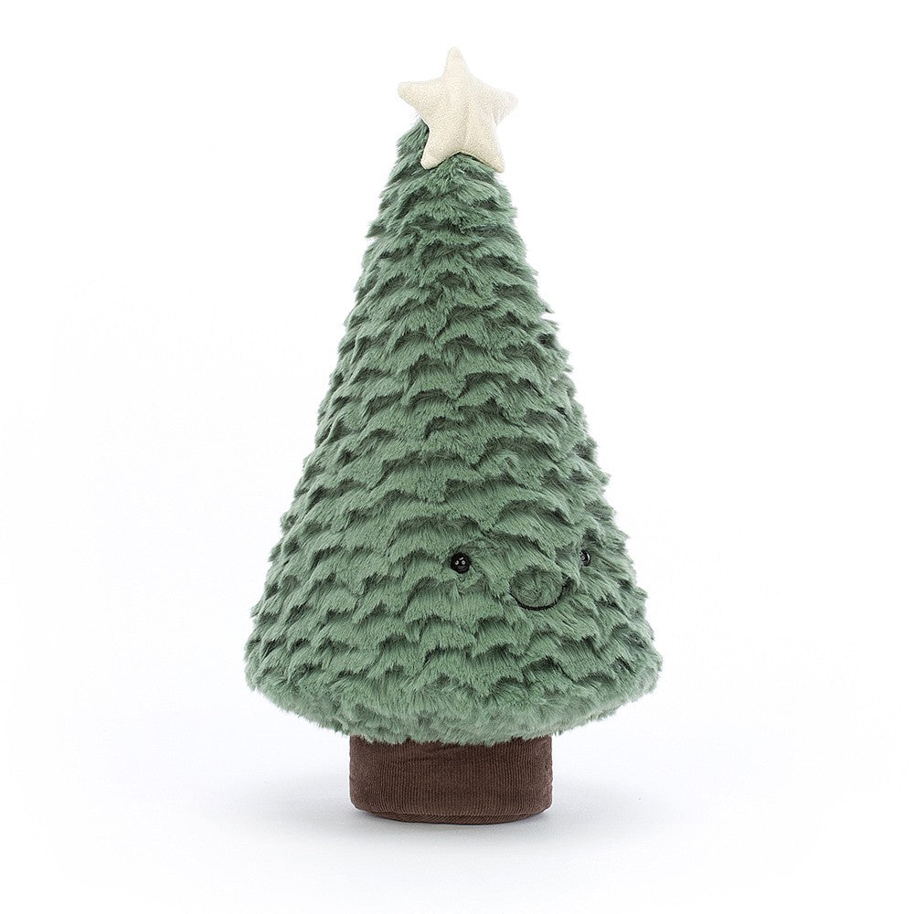 Plush cool green Christmas tree with happy face in brown pot. Plush cream gold star on top.