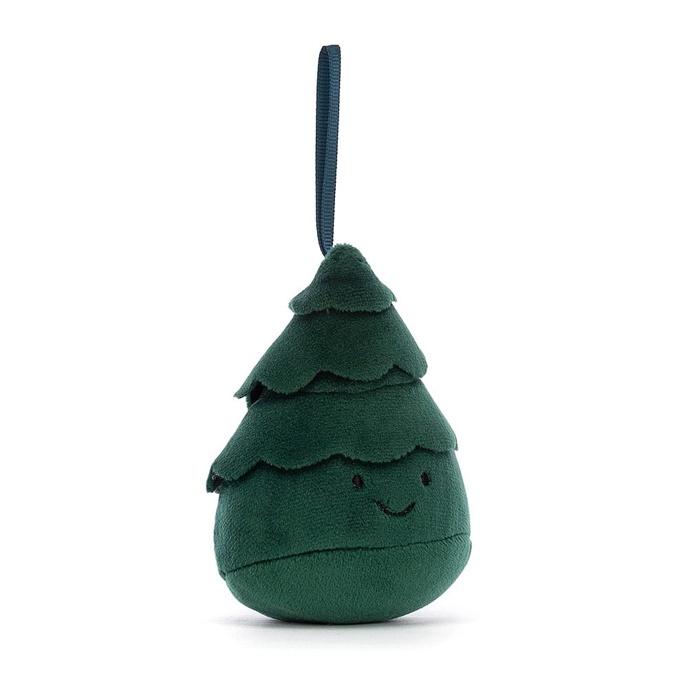 Plush, dark green christmas tree shaped ornament with embroidered smile.