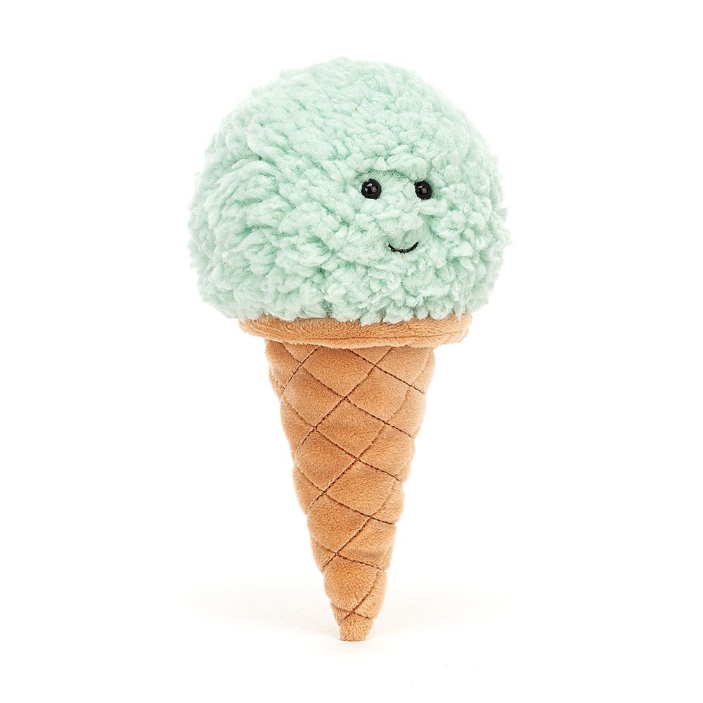 Jellycat irresistible ice cream in mint is tempting, indeed. A bushy, sherpa like textured scoop of mint ice cream sits on an enbroidered cone. His happy little smile and glossy eyes are sure to delight.