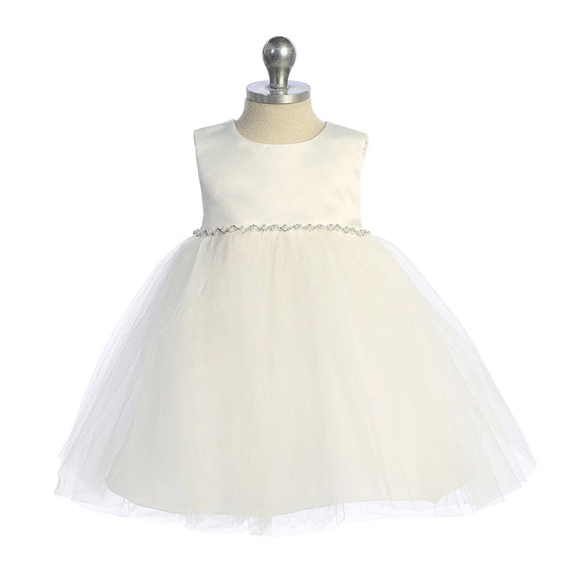 Infant special occasion dress with satin top. Sleeveless with tulle ballroom skirt. Rhinestone and pearl detail at waist. Ivory