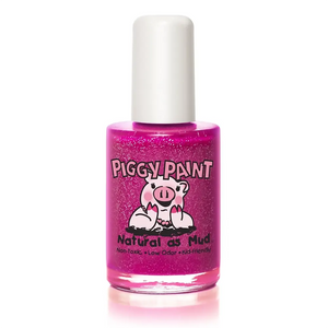 Piggy Paint nail polish in Glamour Girl Glitter Fuchsia, a dark pink glitter shade.
