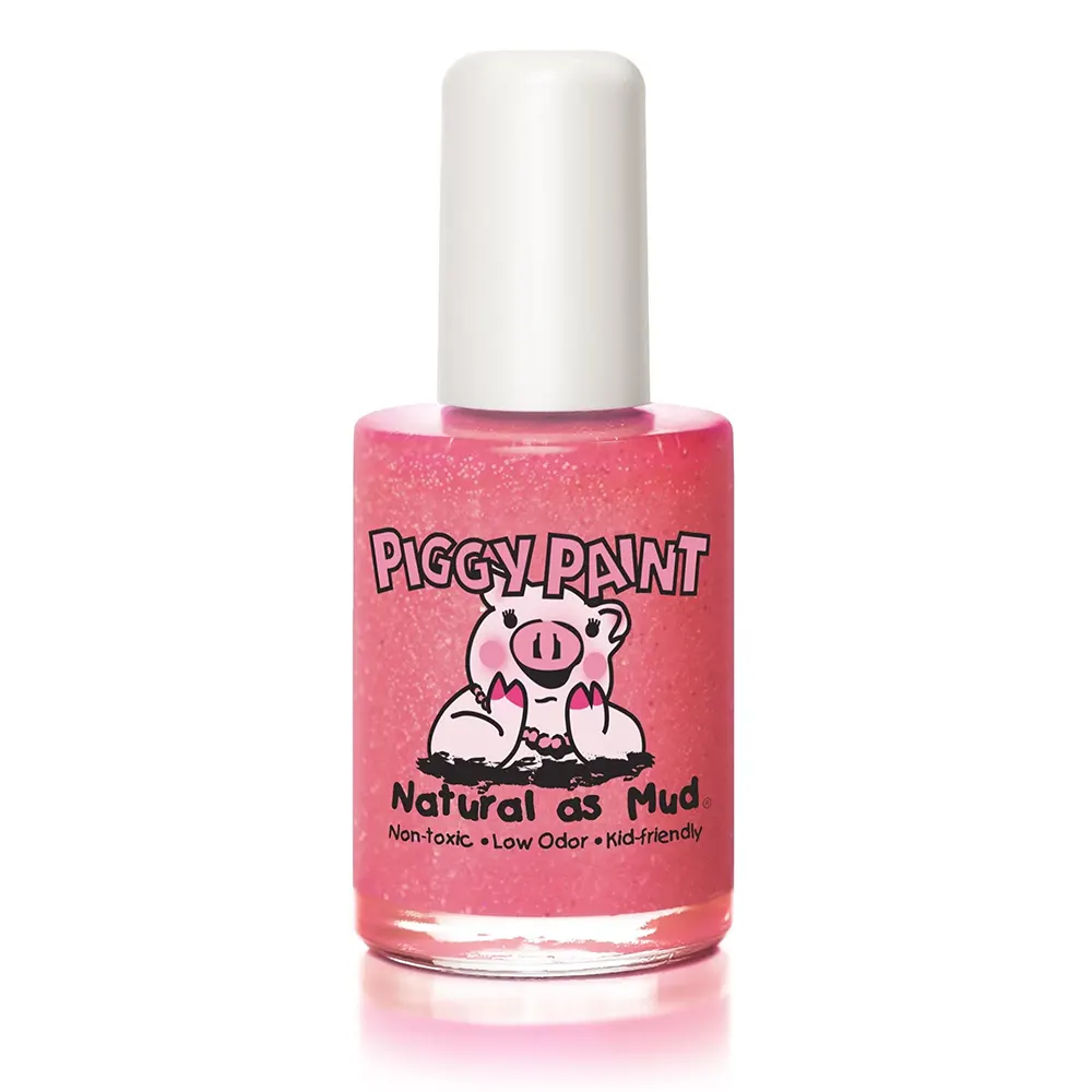 Piggy Paint nail polish in Shimmy Shimmy Pop, a glitter bright pink.