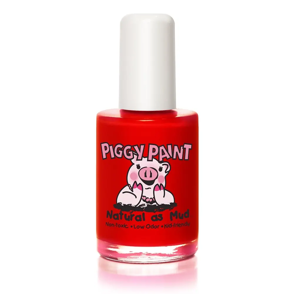 Piggy Paint nail polish in Sometimes Sweet, a matte red shade.