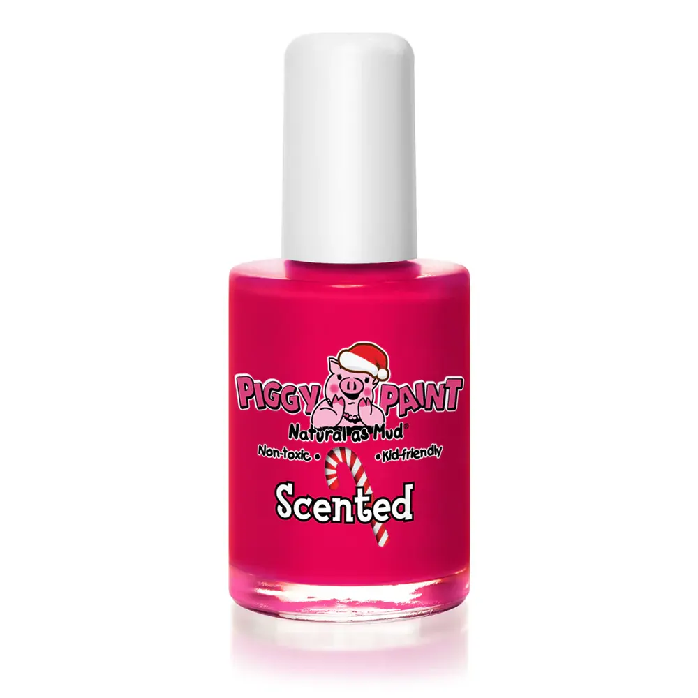 Piggy Paint nail polish in Peppermint Piggy, a scented holiday red with pink tones