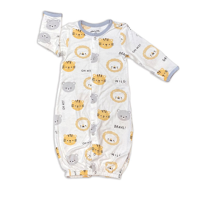 Infant sleep gown with snaps in front. yellow, grey and white lions tigers and bears with grey trim at neck and sleeve cuffs. Gown converts to a romper with snaps. This is a photo of piece as a gown.