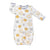 Infant sleep gown with snaps in front. yellow, grey and white lions tigers and bears with grey trim at neck and sleeve cuffs. Gown converts to a romper with snaps. This is a photo of piece as a gown.