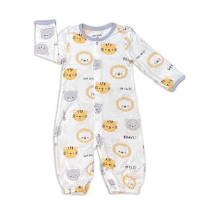 Infant sleep gown with snaps in front. yellow, grey and white lions tigers and bears with grey trim at neck and sleeve cuffs. Gown converts to a romper with snaps. This is a photo of piece as a romper.