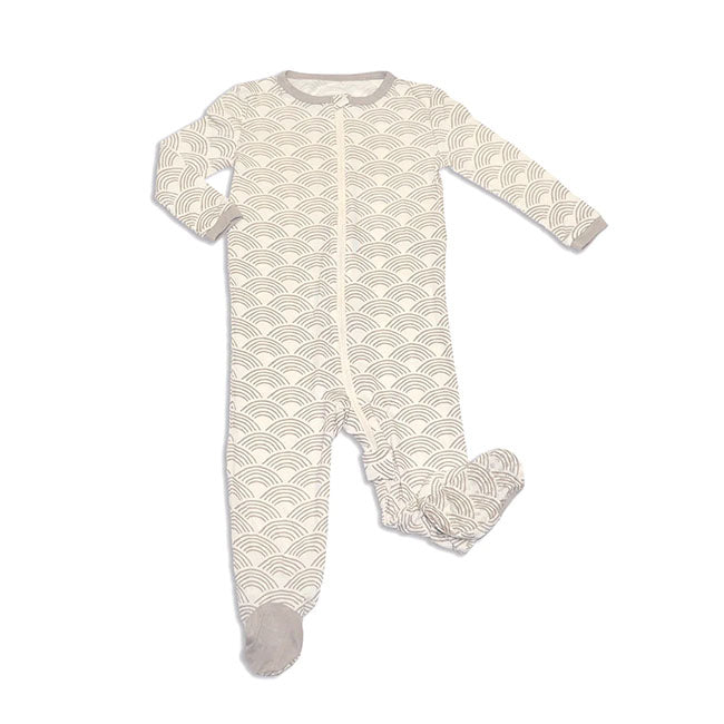 Infant zippered footie with wobby wave print in grey.
