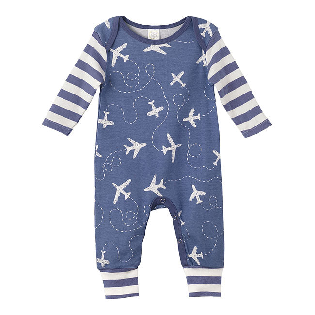 cotton knit infants romper with snaps at crotch. Blue with white airplanes on body and stripes on arms. long sleeves and legs.