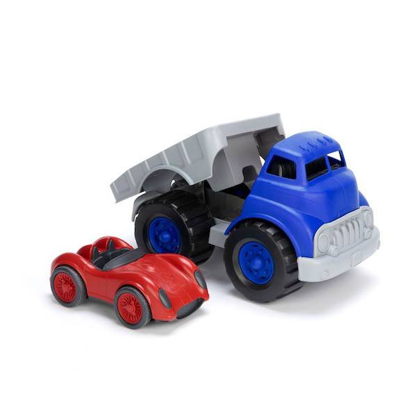 green toys flatbed truck with red race car