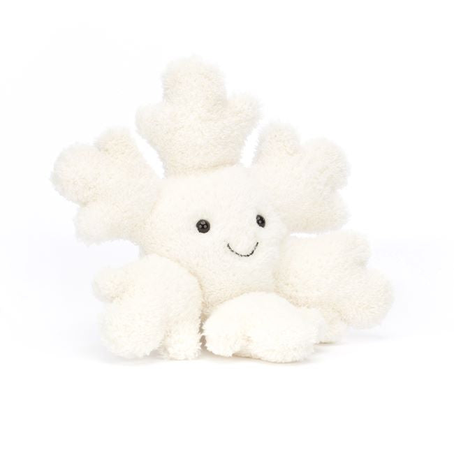 Jellycat amuseable snowflake - little 7 inches. A cream colored fluffy snowflake, plush with a stitched smile and glossy eyes.