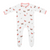 Kyte Baby infant zippered footie with soft pink butterflies on off-white ground. Zipper down front and one leg with protective zip guard at neck.  Crepe pink trim at collar and sleeve cuffs.