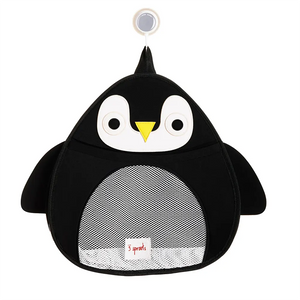 Black and white neoprene mesh bag for bath toys in the shape of a fat penguin.