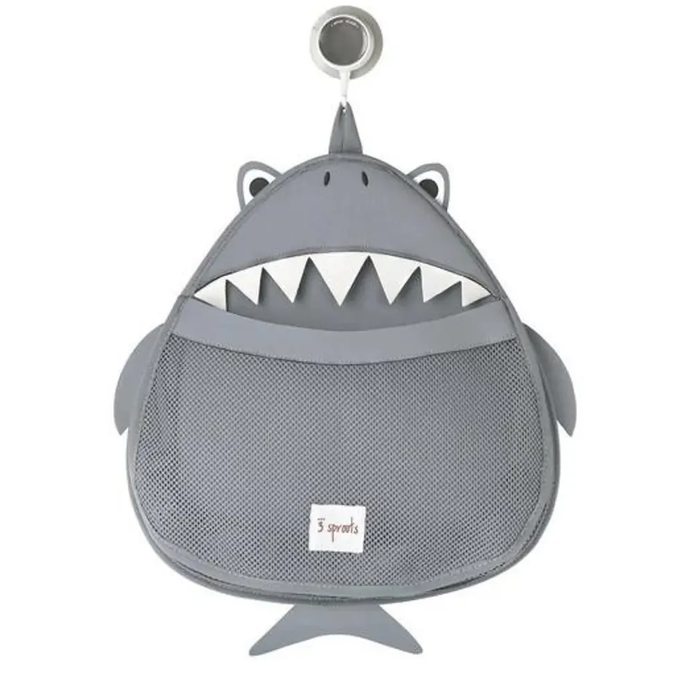 Grey neoprene mesh bag for bath toys in the shape of a fat shark