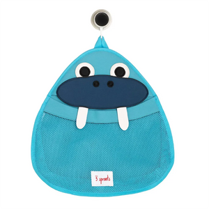 Blue neoprene mesh bag for bath toys in the shape of a fat walrus.