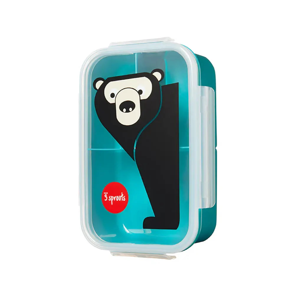 A teal blue bento box with a black bear printed on the top.