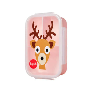 A pink bento box with a brown deer printed on the top.