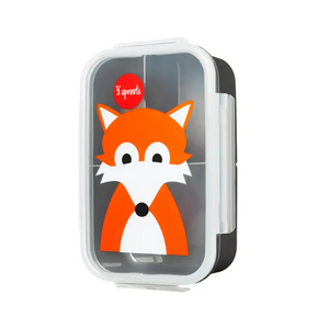 A grey bento box with an orange fox printed on the top.
