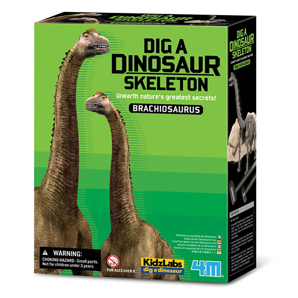 Box for a 'Dig a Dinosaur Skeleton' toy set featuring Brachiosaurus, with green and black design.