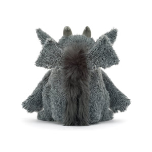 A plush gray dragon toy shown from the back, featuring fluffy textured fur, small horns, and wings, photographed on a clean white background.