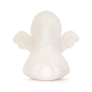 A white plush angel toy with soft wings and a fluffy texture, photographed from the back against a clean white background.