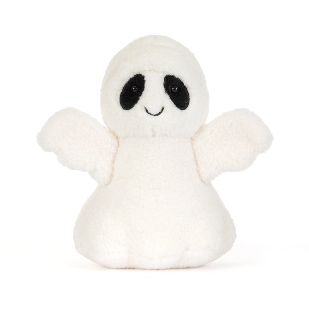 A small white plush ghost toy with black embroidered eyes and a simple stitched smile, centered on a clean white background.
