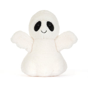 A small white plush ghost toy with black embroidered eyes and a simple stitched smile, centered on a clean white background.
