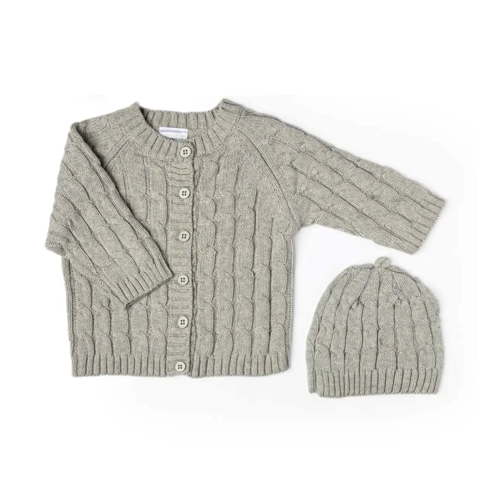 Baby Mode Cable Knit Cardigan + Hat - Grey