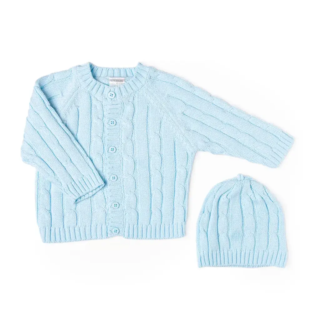 Baby Mode Cable Knit Cardigan + Hat - Blue