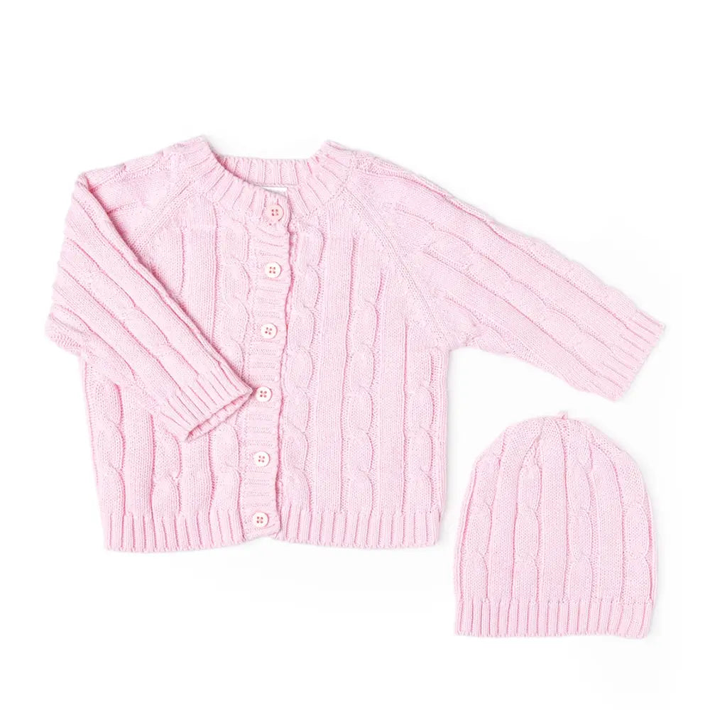 Baby Mode Cable Knit Cardigan + Hat - Pink