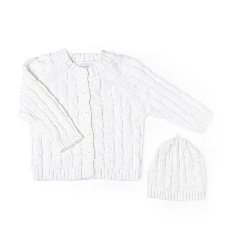 Baby Mode Cable Knit Cardigan + Hat - White