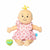 Plush Baby Stella Peach doll with blonde tuft of hair wearing a pink dress and bloomers with cherries print on it. Green magnetic pacifier is beside doll. Doll is 15 inches and is sitting facing forwards.