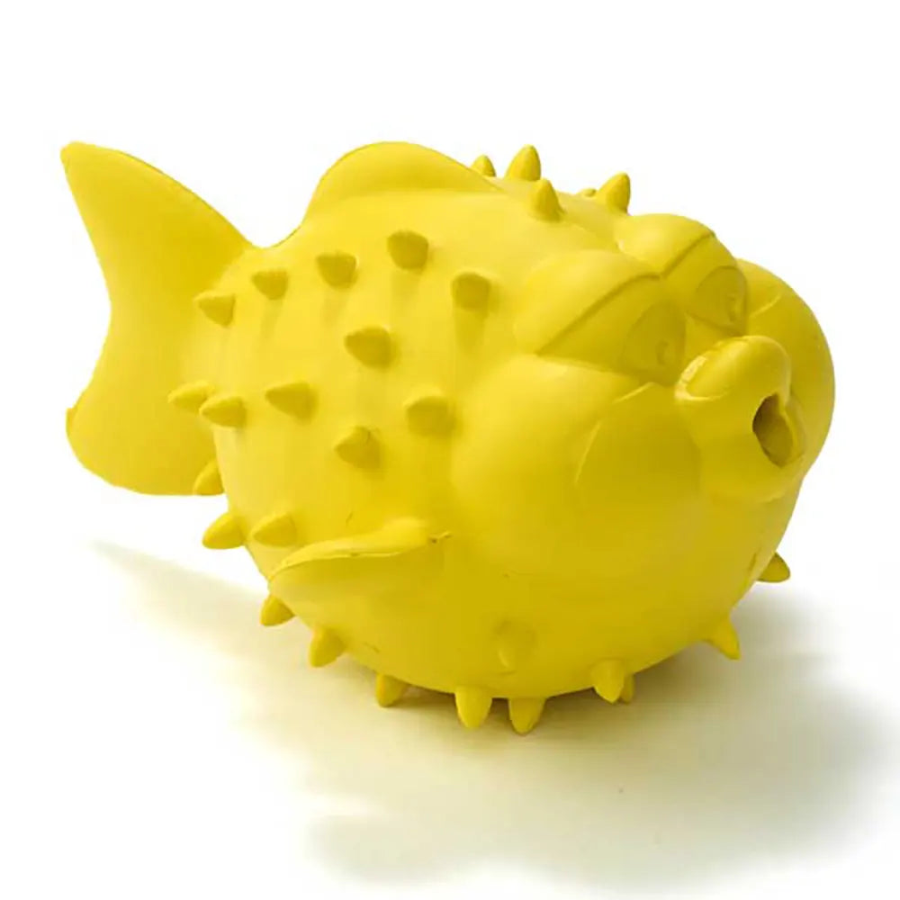 Yellow rubber puffer fish bath toy.