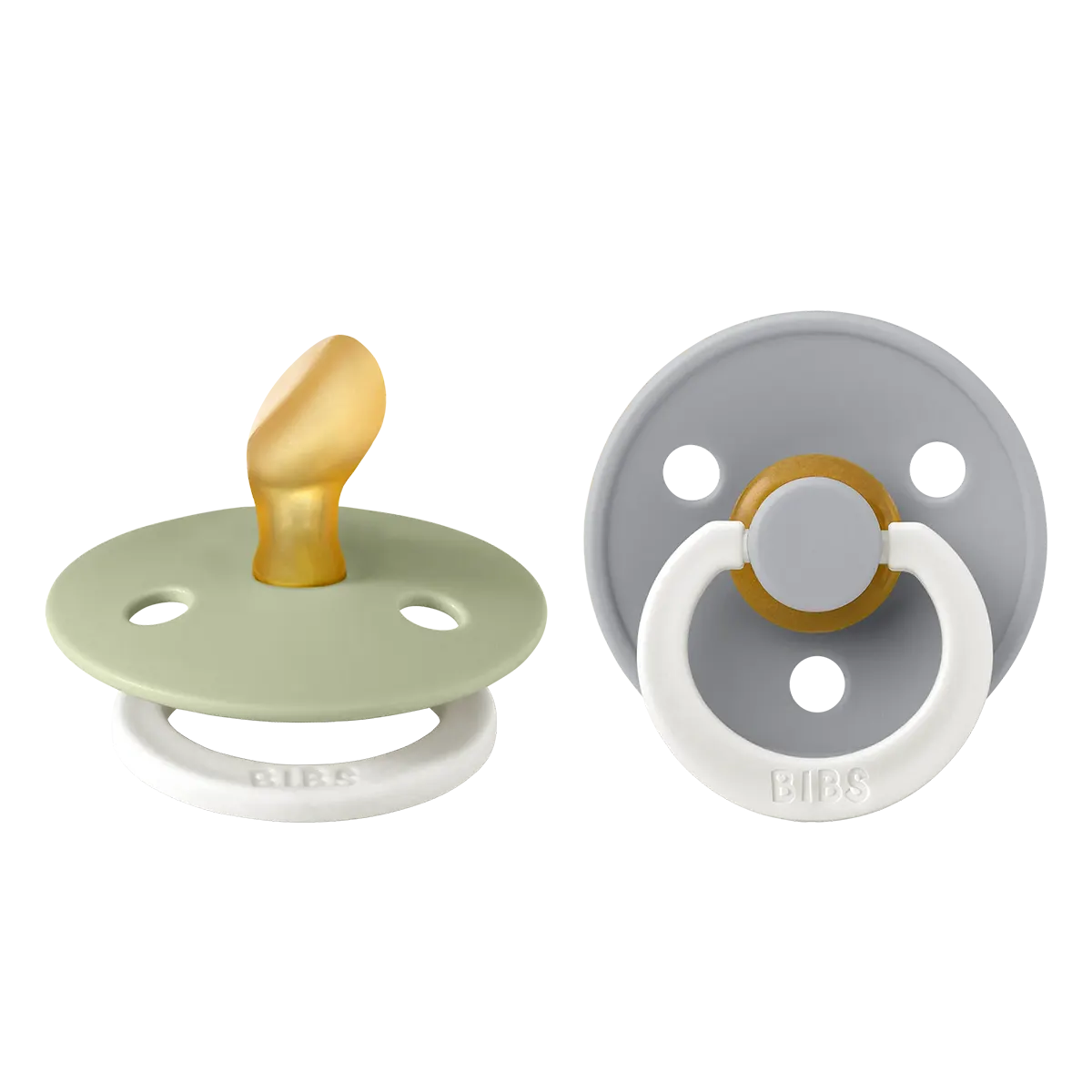 Two baby pacifiers in green and gray with orthodontic latex nipples on a white background