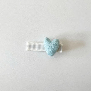 Bohemian Baby felted heart pinch style baby hair clip. Pale blue felt heart on white pinch clip.