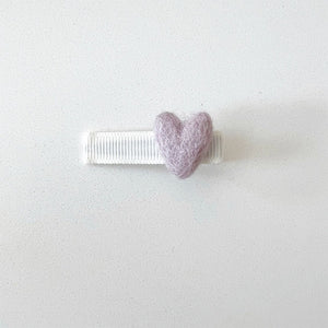 Bohemian Baby felted heart pinch style baby hair clip. Lavender felt heart on white pinch clip.