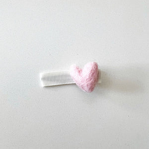 Bohemian Baby felted heart pinch style baby hair clip. Pale pink felt heart on white pinch clip.