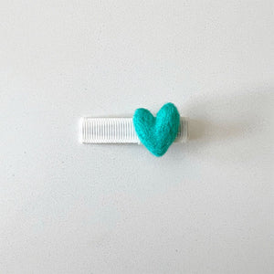 Bohemian Baby felted heart pinch style baby hair clip. Teal felt heart on white pinch clip.