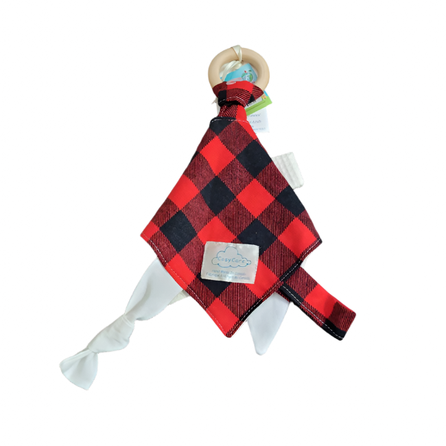 Cosy Care Soft Soother & Maple Wooden Teething Ring - Black/Red Check