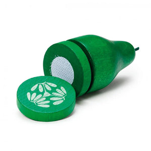 Green wooden cucumber with sections that connect with velcro on a white background