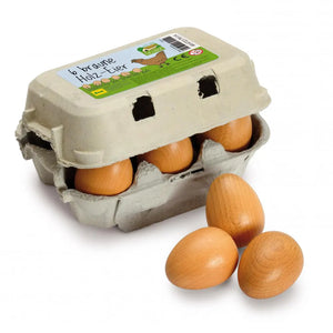 Carton of wooden eggs with a label on a white background