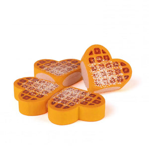 Wooden okay food waffles with velcro connecting the heart shaped pieces.