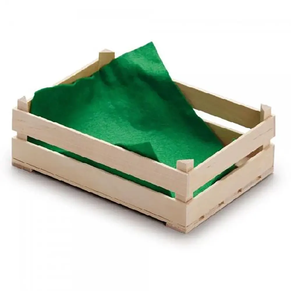 Wooden crate with green felt inside on a white background