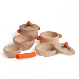wooden cooking play set with orange handles on white background.