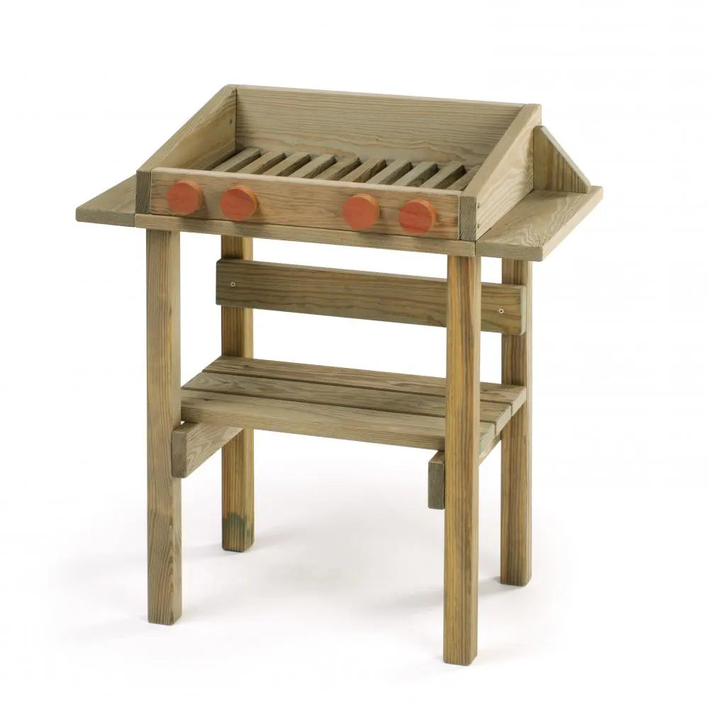 Wooden toy grill with three red burners on a white background
