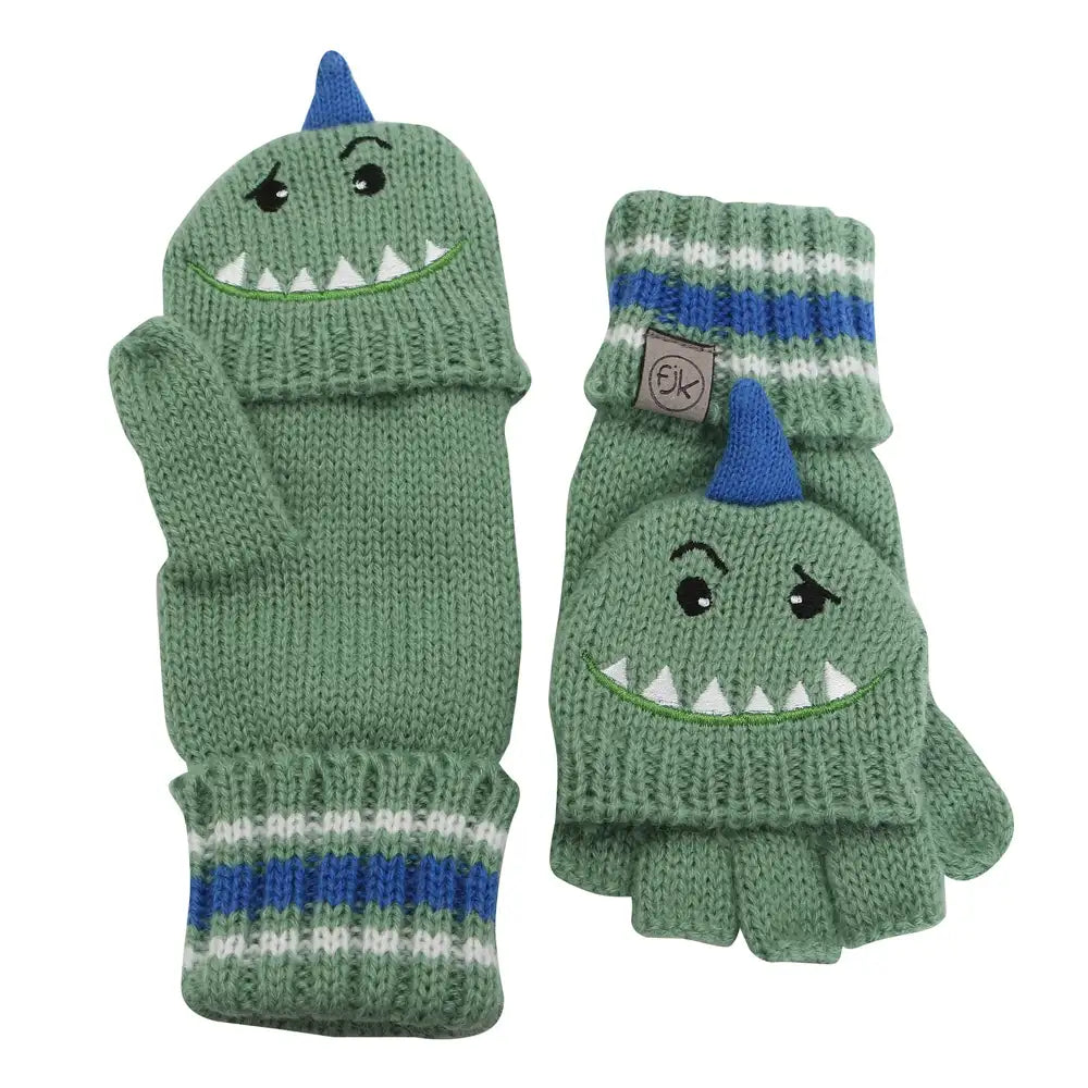 Flapjacks Knitted Fingerless Gloves w/flap - Dino Green