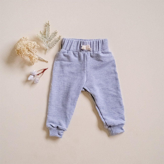 Infant and toddler cuffed jogger lounge pant fleece bamboo cotton in light grey.